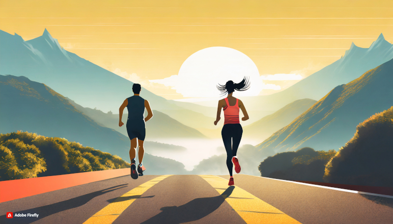 Runners on road toward mountains